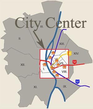Budapest map with center highlighted Budapest map with center highlighted